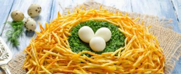 Klasična salata Kaperkalievo gnijezdo: recepti.  Salata od goleglavog gnijezda, korak-po-korak recept sa fotografijama Salata od goleglavog gnijezda sa svinjetinom recept